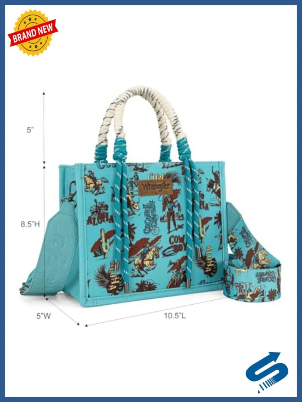 Canvas Tote Bag with Cactus Print, Rope Handle, Crossbody Strap